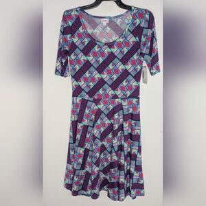 LULAROE New Nicole Dress Sz L Pink Blue Yellow Geometric Stretch Spandex Knit